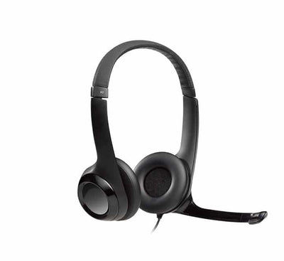 Logitech H390 USB computer headset front view showing plush ear pads and adjustable headband.