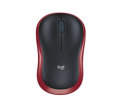 Front view of the vibrant red Logitech M185 wireless mouse showcasing its compact, ambidextrous shape and scroll wheel.