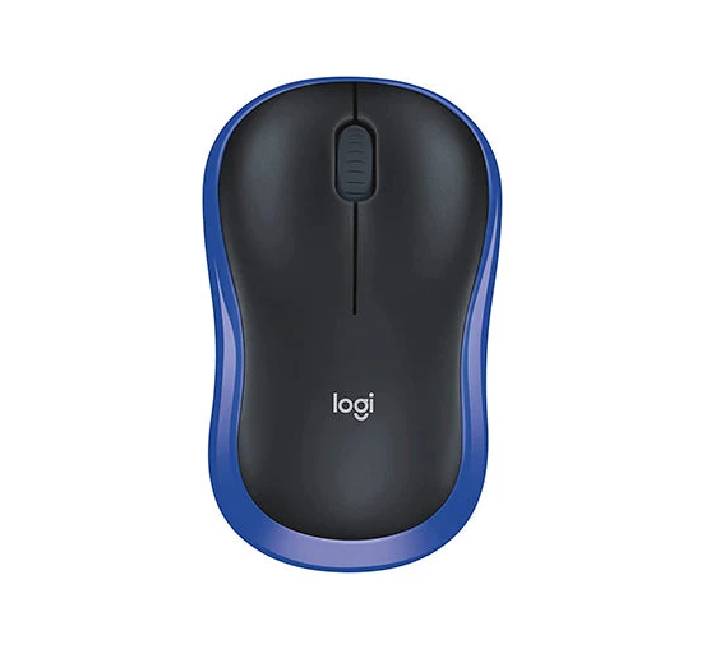 Logitech M185 Wireless Mouse in Blue, top-down view showing the 2-button and scroll wheel layout.