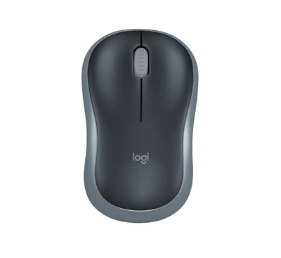 Logitech M185 Wireless Mouse in Grey, top-down view showing the 2-button and scroll wheel layout.