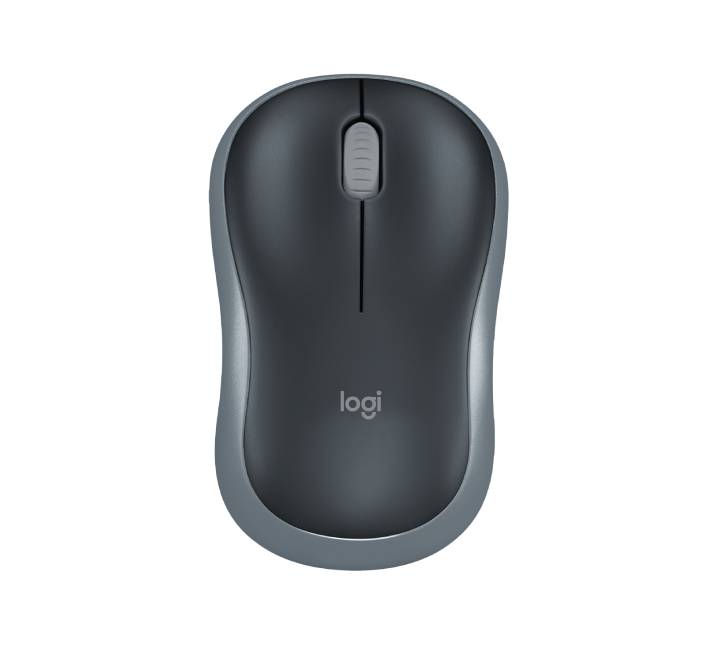 Logitech M185 Wireless Mouse in Grey, top-down view showing the 2-button and scroll wheel layout.