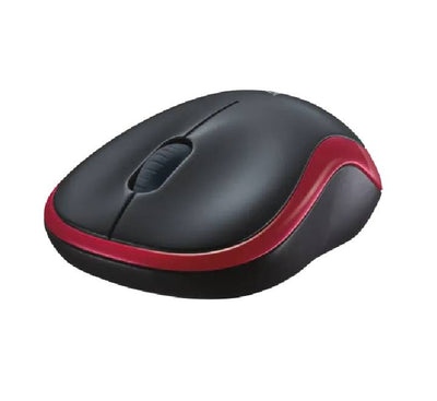 Logitech M185 wireless mouse in red displayed next to its tiny plug-and-play USB nano receiver.