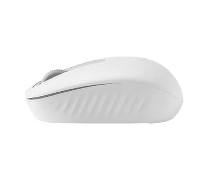 Logitech M196 Off-White wireless mouse positioned neatly next to a white laptop on a clean, modern remote work setup