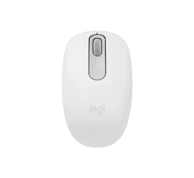 Top down profile of the off-white Logitech M196 compact Bluetooth wireless mouse.