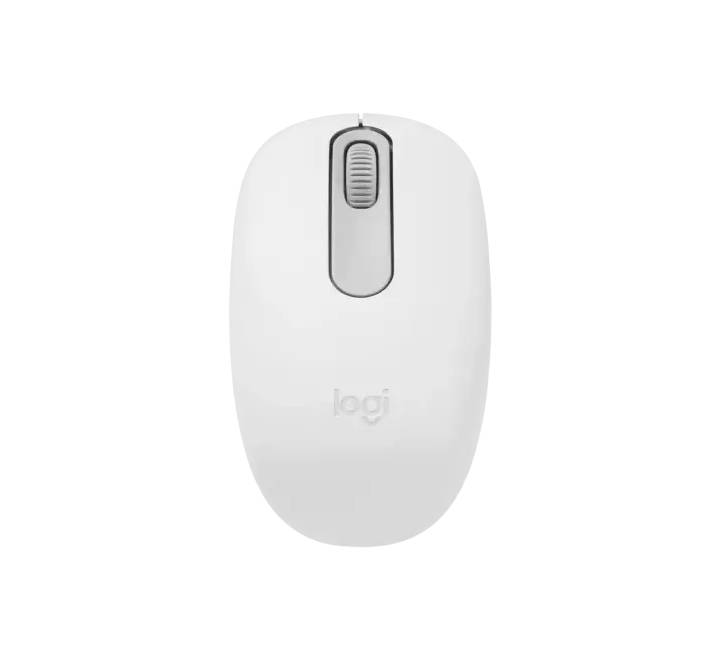 Top down profile of the off-white Logitech M196 compact Bluetooth wireless mouse.