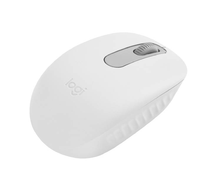 Underside base of Logitech M196 off-white mouse displaying the optical tracking core, power slide switch, and Bluetooth link button.