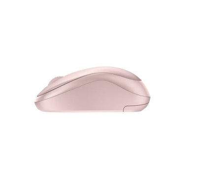 Top-down view of the pink Logitech M240 wireless mouse highlighting its buttons and scroll wheel.