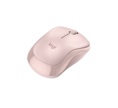 Logitech M240 Silent Bluetooth Mouse in Rose placed on a clean desk setup next to a laptop.