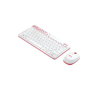 The compact Logitech MK240 White and Vivid Red keyboard and mouse arranged neatly on a modern, brightly lit home office workspace to show its small desktop footprint.