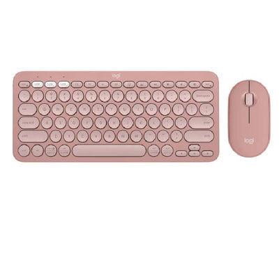 Top angled product showcase of the slim pink Logitech Pebble 2 wireless keyboard and mouse combo.