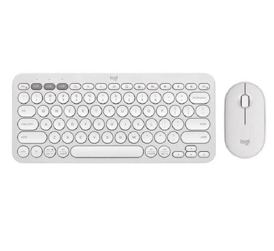 Top down layout view of the slim Logitech Pebble 2 wireless keyboard and mouse combo showing its round keys and low-profile mouse shape.