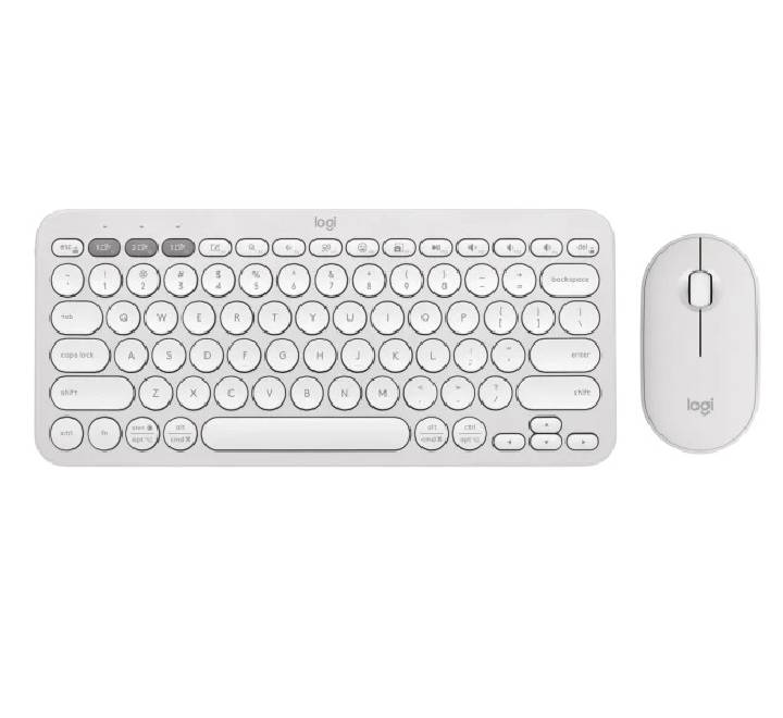 Top down layout view of the slim Logitech Pebble 2 wireless keyboard and mouse combo showing its round keys and low-profile mouse shape.