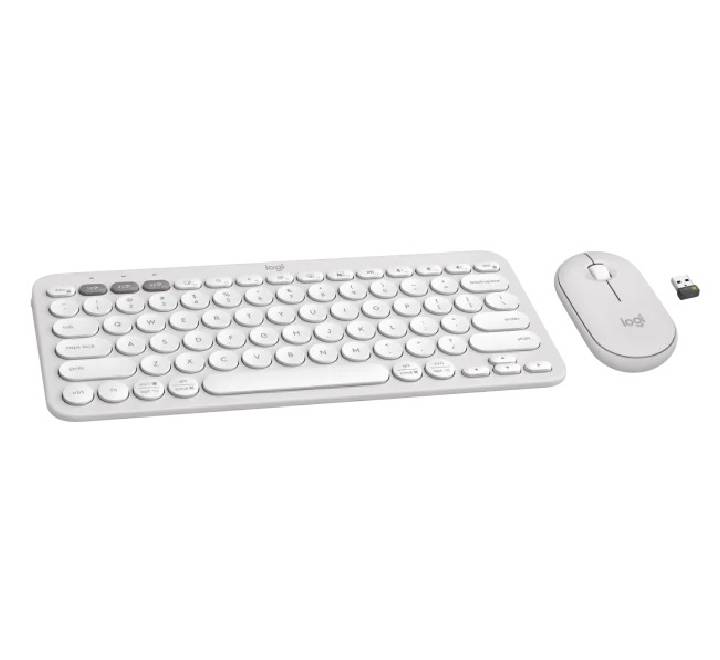 Close-up view of the minimalist K380s Pebble wireless keyboard highlighting the easy-switch Bluetooth keys and round scissor switches.