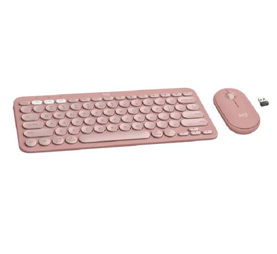 Close-up profile of the low-profile round keys and pink easy-switch Bluetooth buttons on the Pebble Keys 2 wireless keyboard.