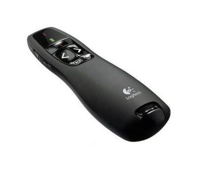 Close-up profile view highlighting the intuitive slide advance, reverse, and laser pointer touch-keys of the Logitech R400.