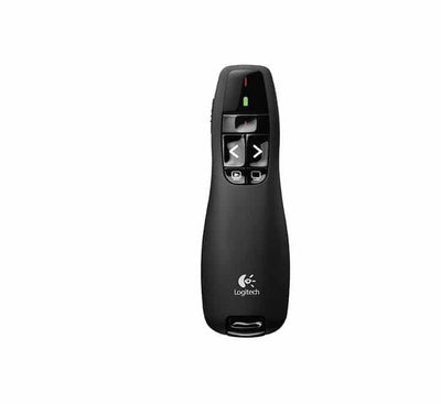 Logitech R400 wireless presentation clicker in matte black with red laser pointer activation button, model 910-001361.