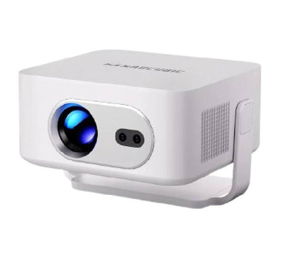 Magcubic HY300 Max mini portable projector showing compact front lens and auto focus camera module