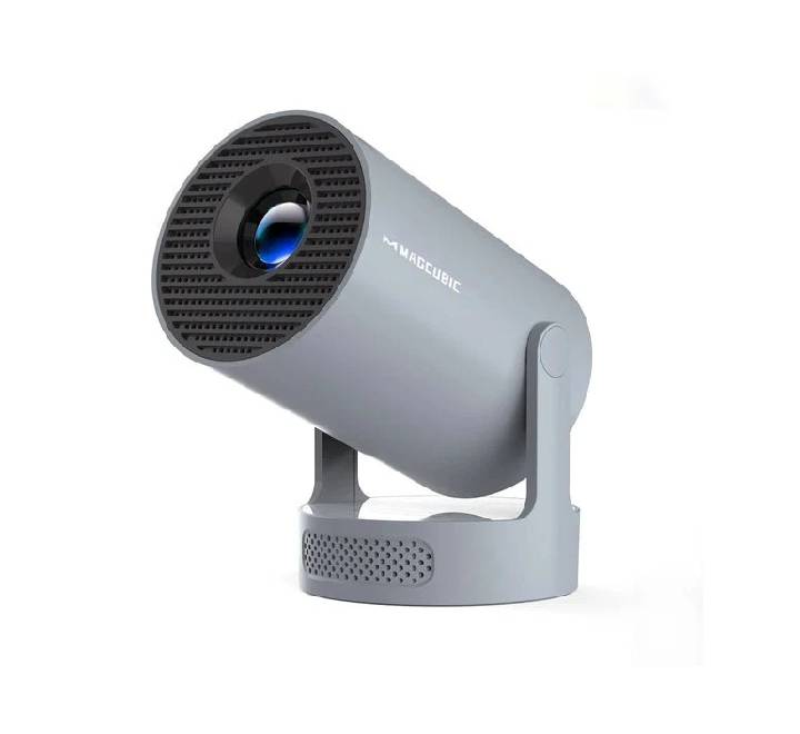 Magcubic HY300 Pro+ smart mini projector in white showing compact cylindrical design and 180 degree rotating stand