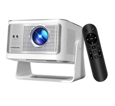 Magcubic HY350 Max smart portable projector in sleek silver chassis with integrated stand