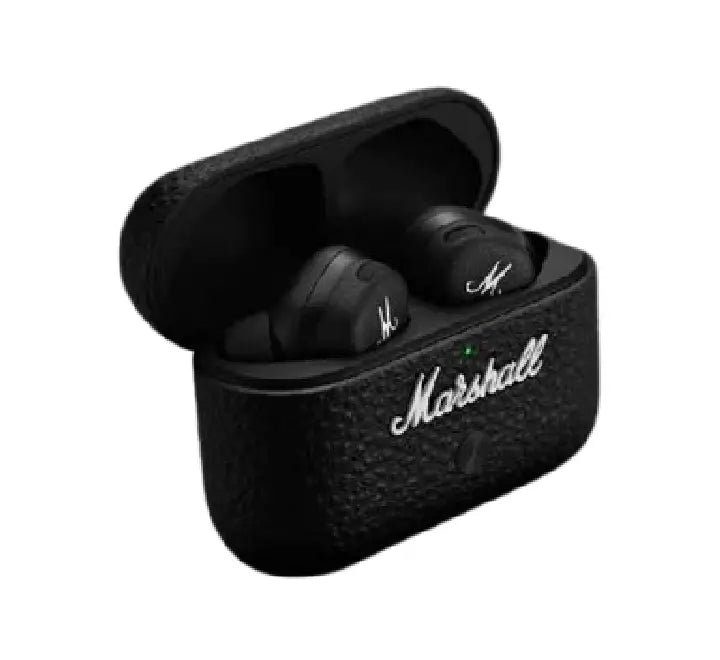 Marshall Motif II A.N.C. true wireless earbuds standing next to their iconic textured black faux-leather charging case.