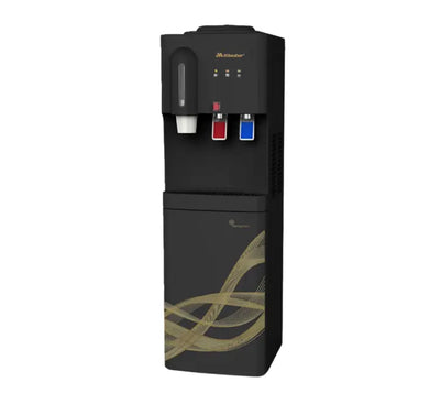 Front view of Master Water Dispenser MWD-CR889 in black showing hot and cold push taps and 16L lower refrigerator cabinet