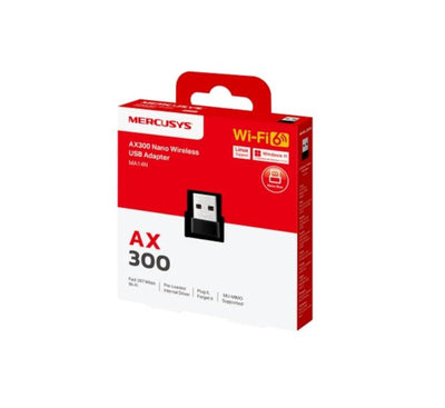MERCUSYS MA14N AX300 nano Wi-Fi 6 adapter connected to a laptop USB port