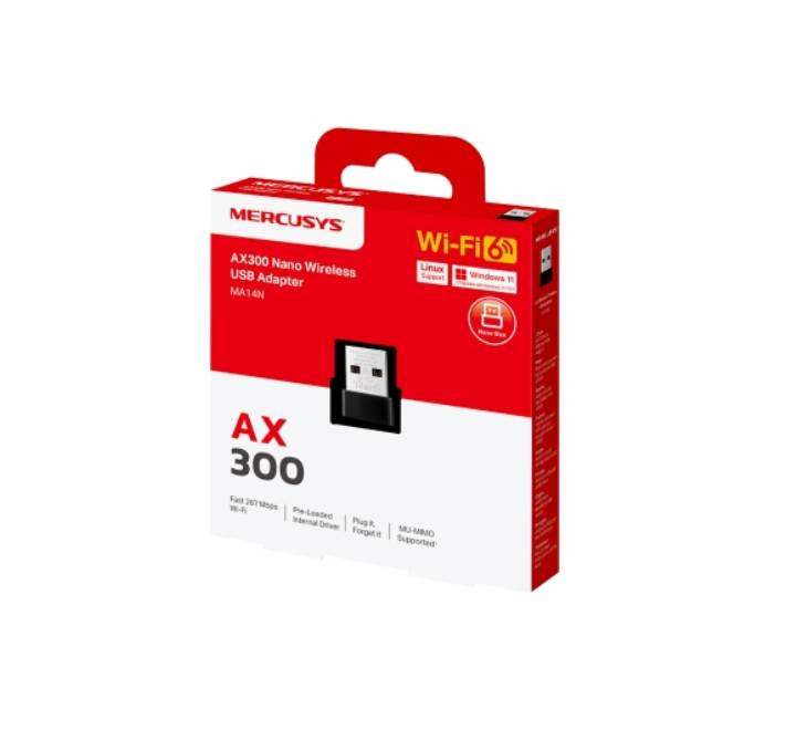 MERCUSYS MA14N AX300 nano Wi-Fi 6 adapter connected to a laptop USB port