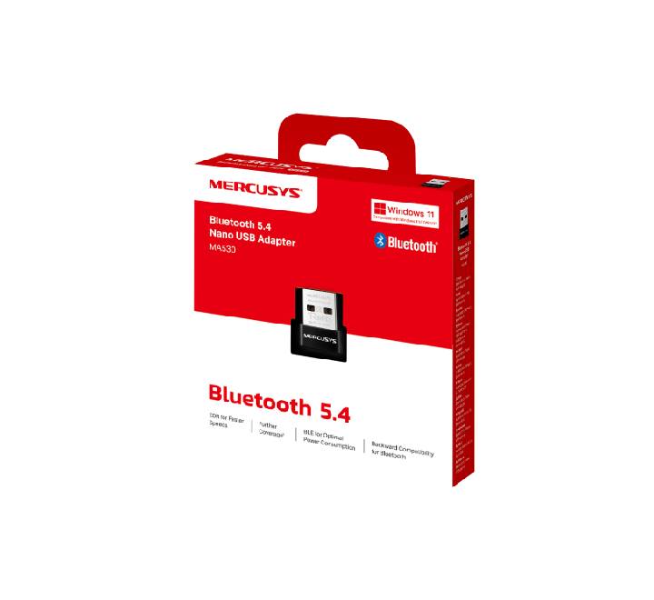 Close up of Mercusys MA530 ultra-compact Bluetooth 5.3 USB dongle showing USB connector