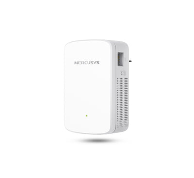 Mercusys ME20 AC750 Wi-Fi Range Extender front view showing dual external antennas and LED indicator
