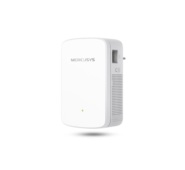 Mercusys ME20 AC750 Wi-Fi Range Extender front view showing dual external antennas and LED indicator