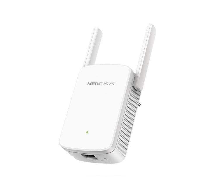 Mercusys ME30 AC1200 Wi-Fi Range Extender front view showing dual external antennas and signal indicator