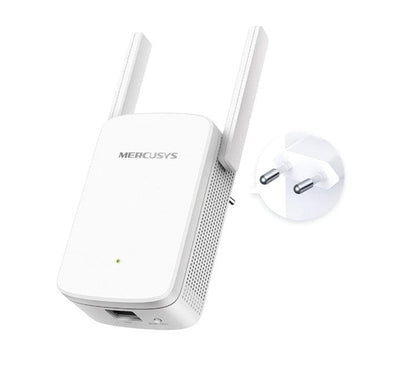 Side view of Mercusys ME30 wall-plug extender displaying the fast Ethernet port and WPS button