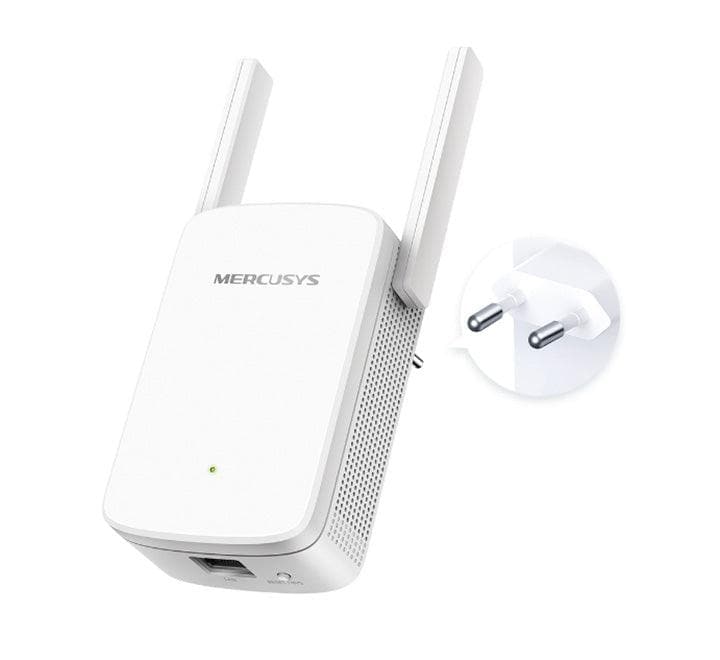 Side view of Mercusys ME30 wall-plug extender displaying the fast Ethernet port and WPS button