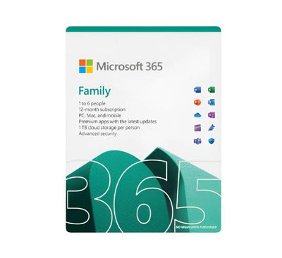 Microsoft 365 Family 1 Year Subscription packaging box for 6 users