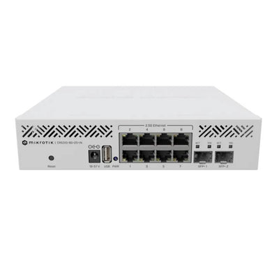 Front view of MikroTik CRS310-8G-2S+IN switch displaying 8 Gigabit Ethernet ports and 2 10G SFP+ cages.