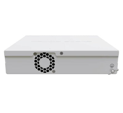 MikroTik CRS310-8G-2S+IN compact switch fitted with rack ears for standard 19-inch 1U server rack installation.