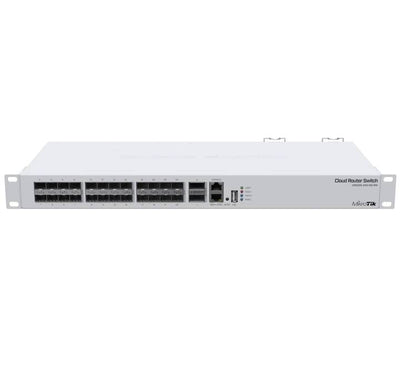 Front view of MikroTik CRS326-24S+2Q+RM switch showing 24 10G SFP+ ports and 2 40G QSFP+ cages.