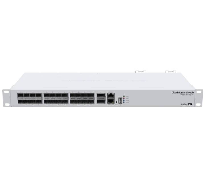 Front view of MikroTik CRS326-24S+2Q+RM switch showing 24 10G SFP+ ports and 2 40G QSFP+ cages.