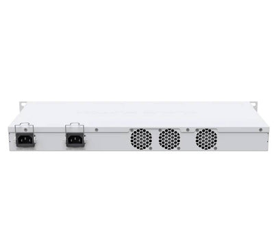 Rear panel of MikroTik CRS326-24S+2Q+RM switch highlighting dual redundant AC power supply modules and cooling fans.