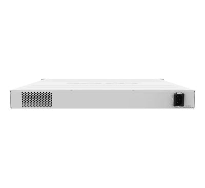 MikroTik CRS354-48P-4S+2Q+RM 48-port PoE switch mounted in a standard 1U 19-inch equipment rack with cable management brackets attached.