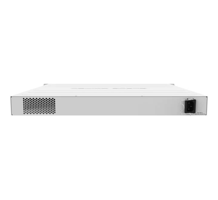 MikroTik CRS354-48P-4S+2Q+RM 48-port PoE switch mounted in a standard 1U 19-inch equipment rack with cable management brackets attached.