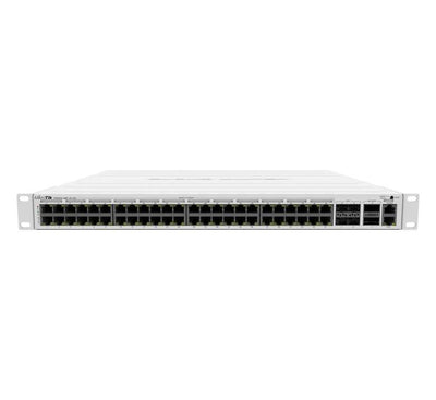 Front view of MikroTik CRS354-48P-4S+2Q+RM switch featuring 48 Gigabit PoE+ RJ45 ports, 4 10G SFP+ ports, and 2 40G QSFP+ ports.