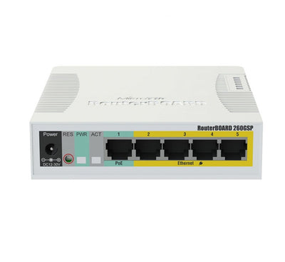 MikroTik CSS106-1G-4P-1S Cloud Smart Switch front view showing 5 Gigabit Ethernet ports and SFP slot