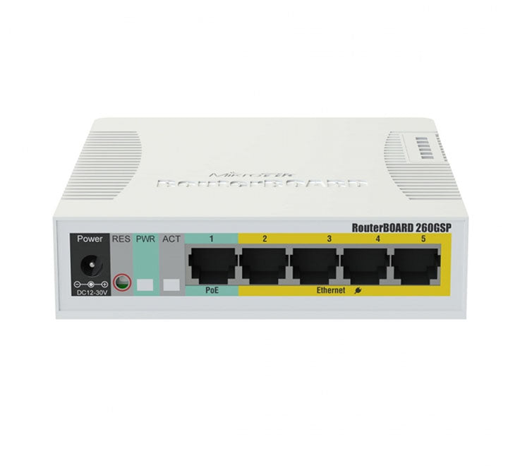 MikroTik CSS106-1G-4P-1S Cloud Smart Switch front view showing 5 Gigabit Ethernet ports and SFP slot