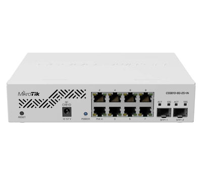 MikroTik CSS610-8G-2S+IN switch front panel showing 8 Gigabit ports and 2 SFP+ slots.
