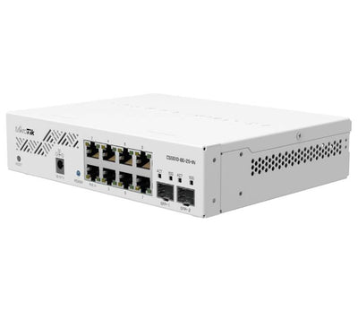 Compact metal desktop enclosure of the MikroTik CSS610-8G-2S+IN switch.