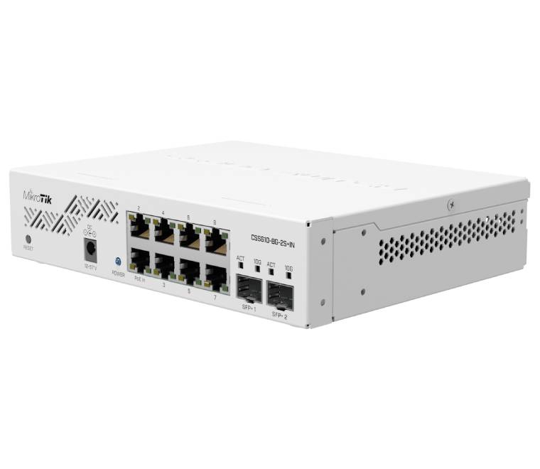 Compact metal desktop enclosure of the MikroTik CSS610-8G-2S+IN switch.