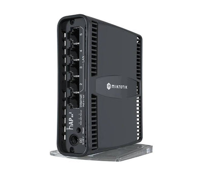 MikroTik hAP ax² Wi-Fi 6 gigabit router standing upright on its desktop mount