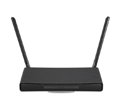 MikroTik hAP ax3 Wi-Fi 6 home router front view featuring external high-gain antennas