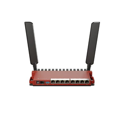 Front view of the MikroTik L009UiGS-2HaxD-IN Wi-Fi 6 router showing its red casing and wireless antennas.